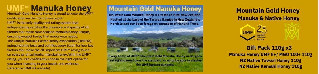 Mountain Gold UMF 5+ Manuka-, Kamahi- und Tawari-Honig-Geschenkpaket