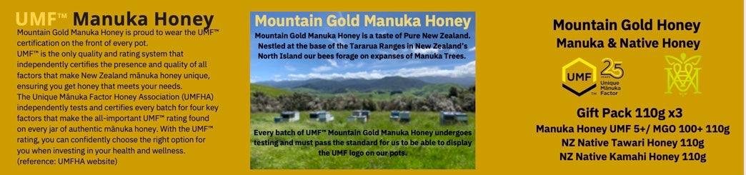 Mountain Gold UMF 5+ Manuka, Kamahi, and Tawari Honey Gift Pack