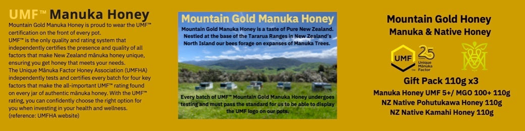 Mountain Gold UMF 5+ Manuka, Pohutukawa, and Kamahi Honey Gift Pack