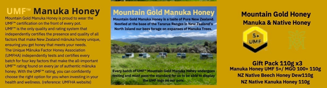 مجموعة هدايا عسل المانوكا والكانوكا والزان من Mountain Gold UMF 5+