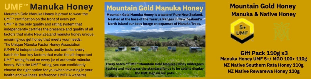 Mountain Gold UMF 5+ Manuka-, Southern Rata- und Rewarewa-Honig-Geschenkpaket