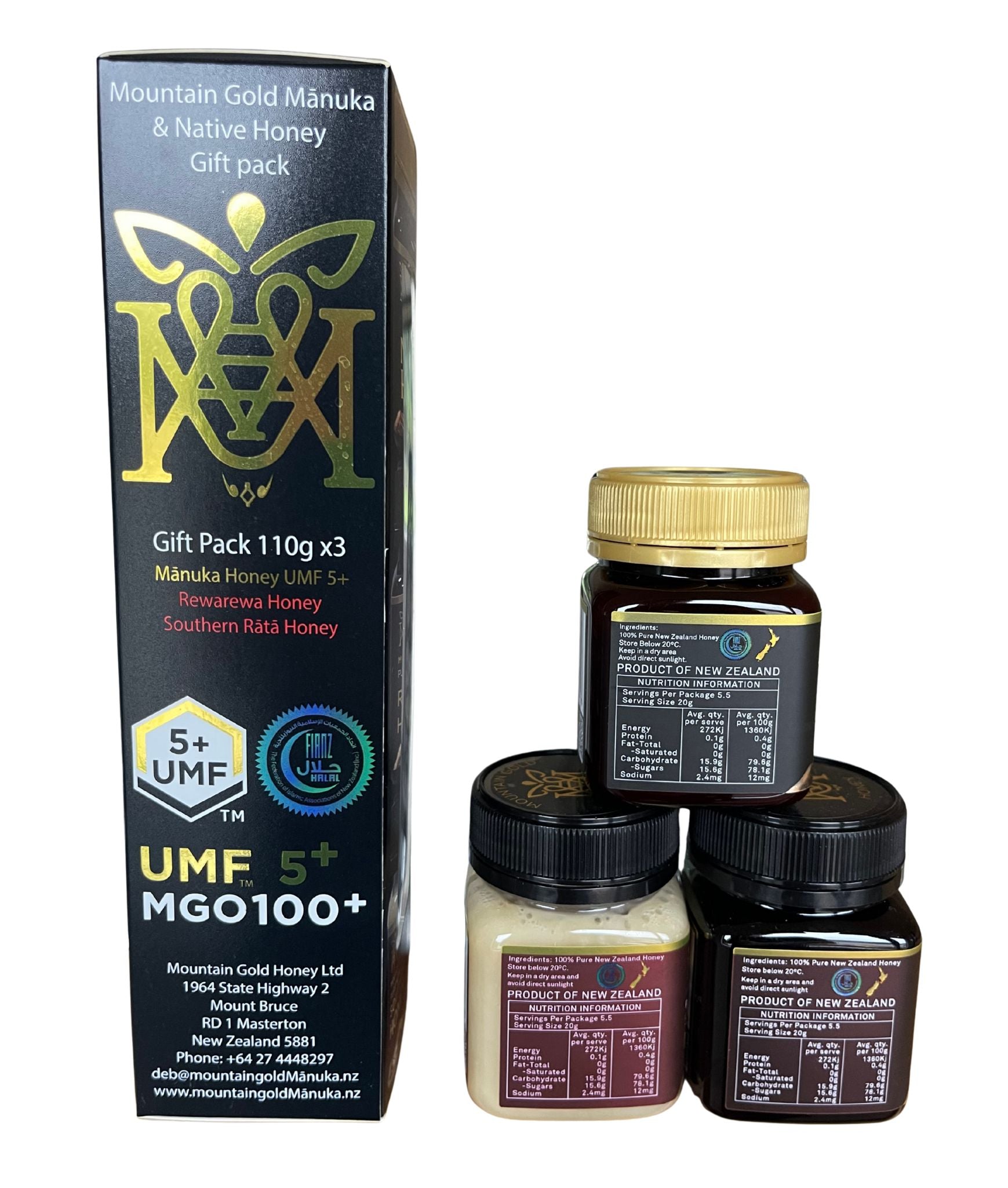 Mountain Gold UMF 5+ Manuka, Southern Rata and Rewarewa Honey Gift Pack